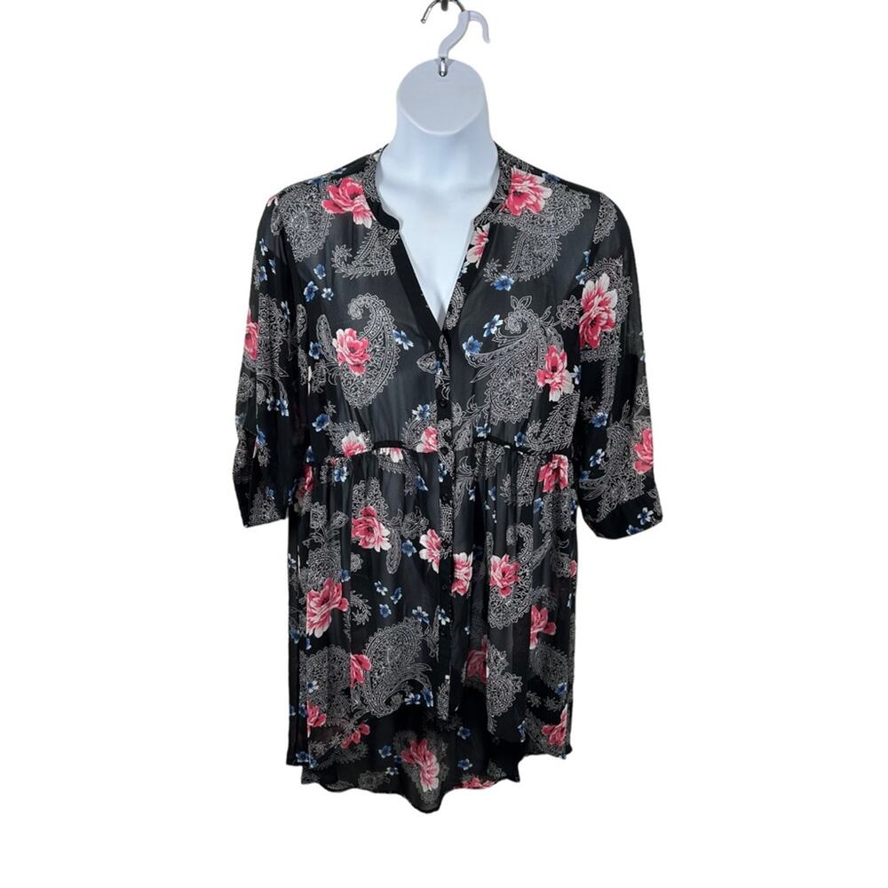 Torrid Black Floral Georgette Sheer Tunic Top High-Low Size 1 - Picture 2 of 15